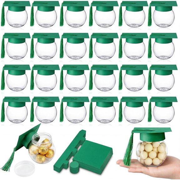 24 Pcs Green 2026 Graduation Candy Jars Graduation Party Favors Candy Containers Bulk Grad Cap Jars Box Container with Tassels for DIY Table Party Supply Gifts