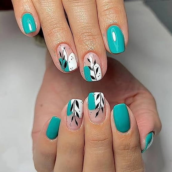 24 Pcs Green Square Press on Nails Short Acrylic Fake Nails Acrylic Natural Fit False Nails with Leaf Designs Spring Summer Glue on Nails Full Cover Stick on Nails Press ons for Women Girls