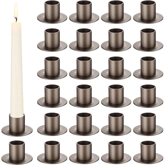24 Pcs Gunmetal Taper Candle Holders Bulk for Pillar Candles Metal Short Candlestick Holder Gunmetal Centerpieces Decoration for Christmas Thanksgiving Anniversary Dinner Party