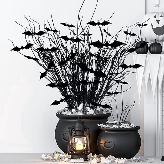 24 Pcs Halloween Artificial Curly Willow Branches with 12 Pcs Bats- Fake Black Bat Halloween Branches Picks- Glitter Artificial Black Twig Stems Sticks for Holiday Tree Vase Home Decor