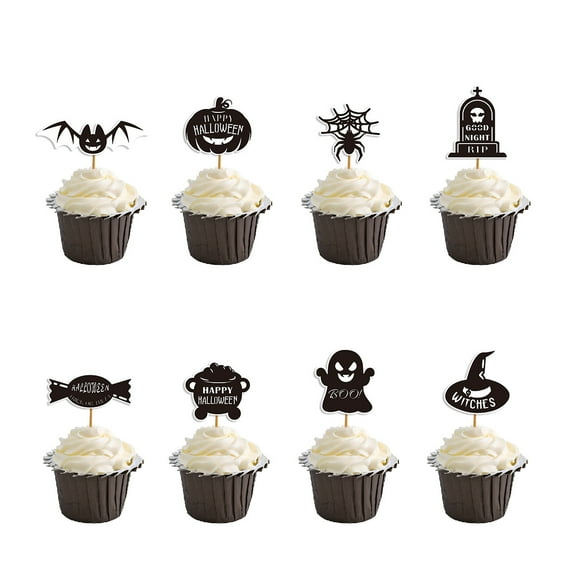 24 Pcs  Halloween Cupcake Topper Picks Halloween Pumpkin Bat Spider Web Skull White Ghost Cupcake Decorations for Halloween Birthday Party favor Supplies