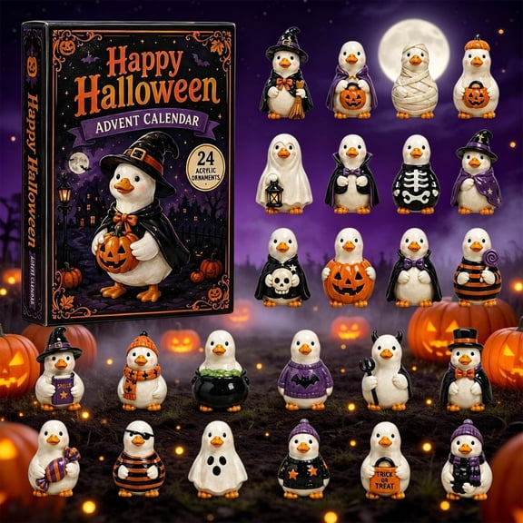 24Pcs Halloween Duck Advent Calendar, 2D Acrylic Duck Figurines Countdown Gift Box for Halloween Party Home Decoration