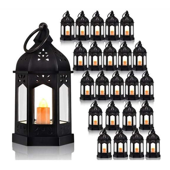 24 Pcs Halloween Mini Vintage LED Lantern for Centerpiece Wedding D rative Lantern with Flickery Candle Battery Powered Festival Hanging Tealight Ramadan Christmas Party D r(Black)