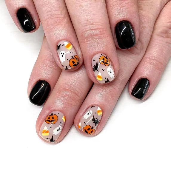 24 Pcs Halloween Nails Black Press on Nails Short Square Fake Nails Cute Skull Pattern Designs Stick on Nails Nightmare Before Christmas Press on Nails Glossy Full Cover False Nails for Women Girls