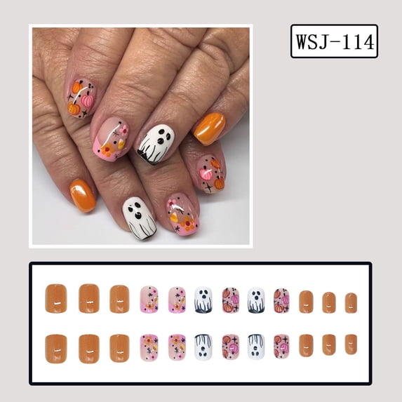 24 Pcs Halloween Press on Nails Medium Square Fake Nails with Halloween Nails Black Full Cover Stick on Nails, Pumpkin Ghost Bat Web Design for Women Party