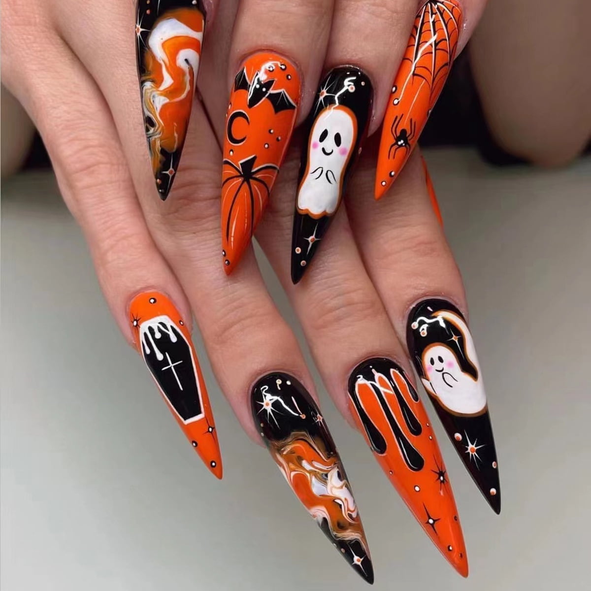 24 Pcs Halloween Press on Nails Medium, Almond Fake Nails with Designs