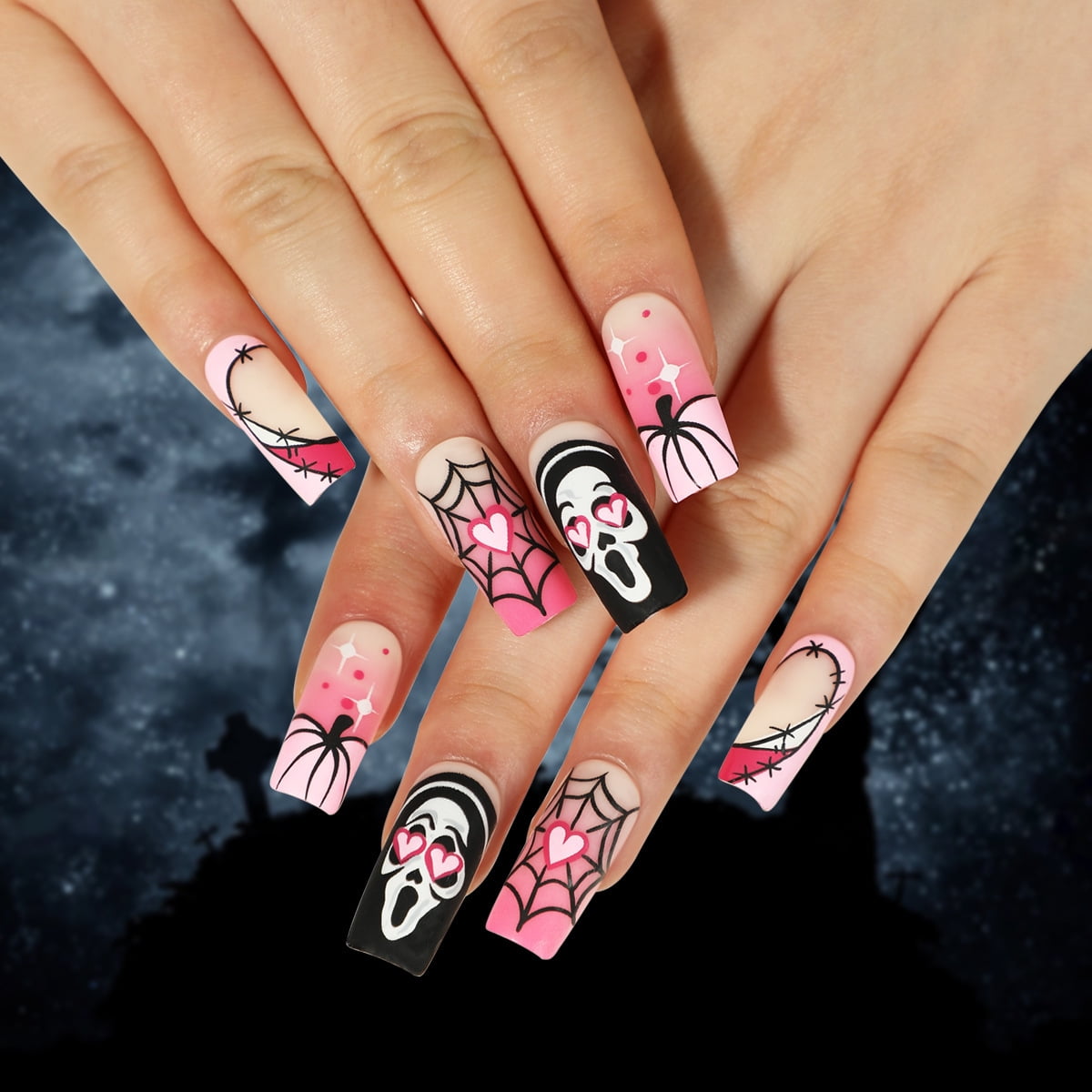 24 Pcs Halloween Press on Nails Medium, Almond Fake Nails with Designs