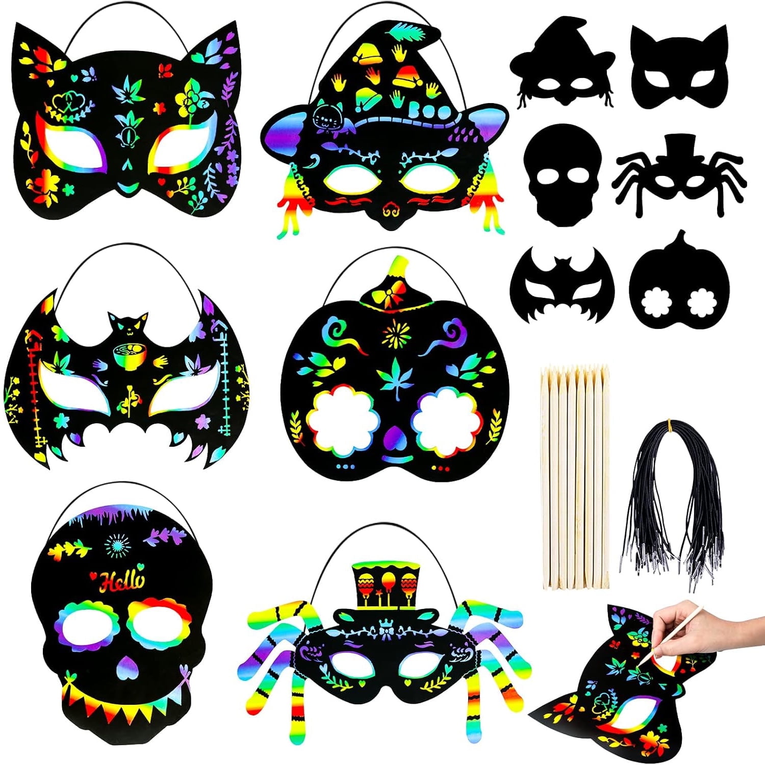 24 Pcs Halloween Scratch Masks, DIY Rainbow Scratch Paper Masks Art ...
