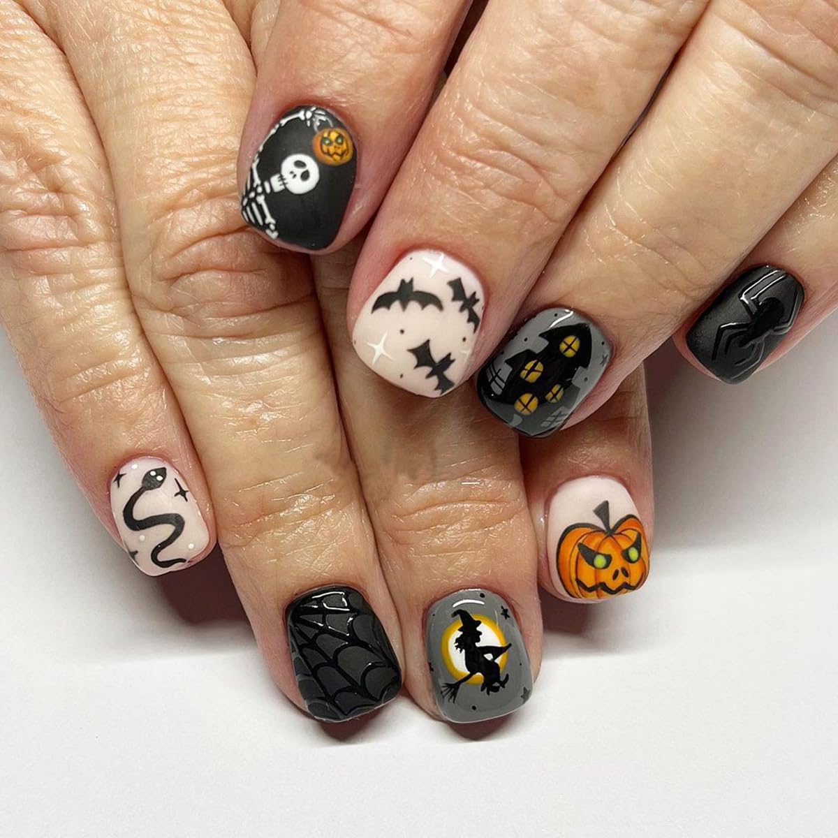 24 Pcs Halloween Short Press on Nails Square Black Pink Acrylic Fake
