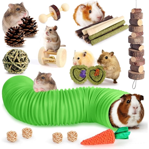 24 Pcs Hamster Toys with Tunnel, Wooden Guinea Pig Toys, Hamster Cage Accessories