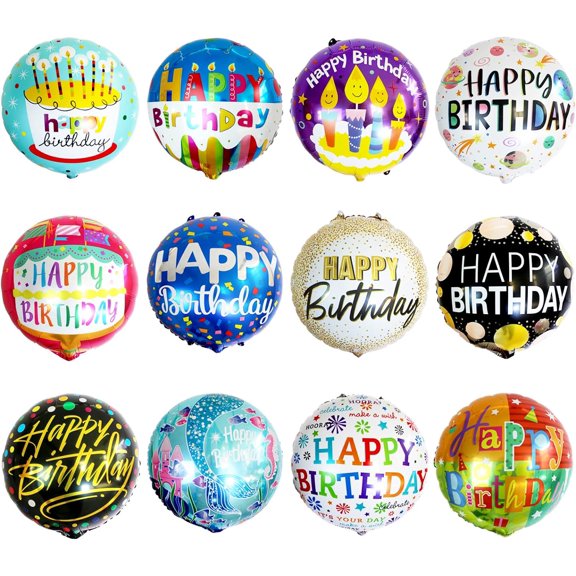 24 Pcs Happy Birthday Foil Balloons 18 inch Round Helium Floating Mylar Balloon Inflatable Balloons for Birthday Party Decorations Supplies,12 Patterns