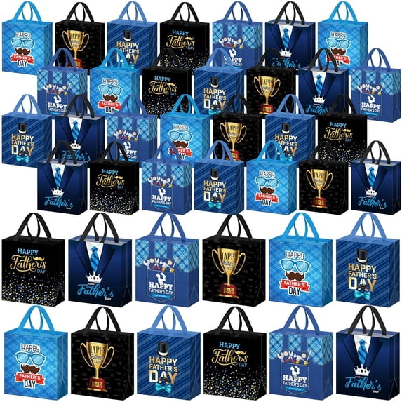 24 Pcs Happy Father's Day Gift Bags Bulk with Handles Non Woven Reusable Father's Day Goodies Treat Tote Bags for Party Gifts Wrapping Supplies, 9 x 4.3 x 8.6 Inch