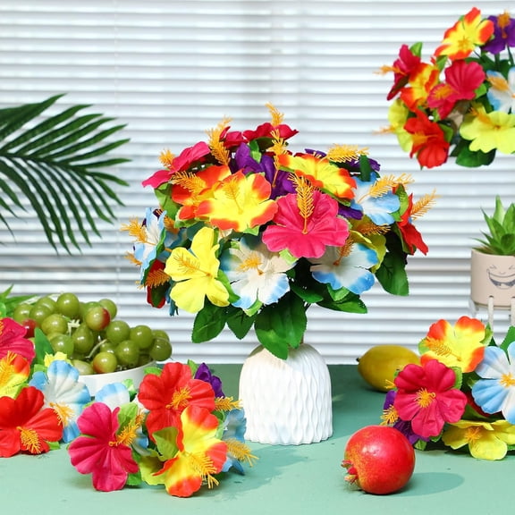 24 Pcs Hawaiian Flower Bouquet Faux Hibiscus Artificial Tropical Flowers for Luau Summer Party Home Office Garden Decoration Supplies