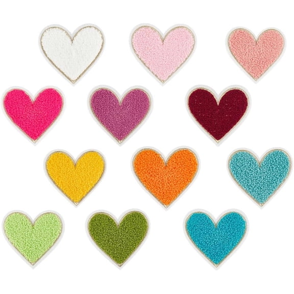 24 Pcs Heart Chenille Patches 12 Colors Heart Iron On Patch Sew On Clothing Appliques Cute Love Patches for Hats Jackets Backpacks Jeans Clothes DIY Applique Colorful