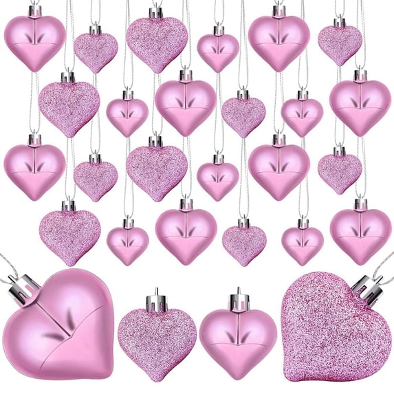 24 Pcs Heart Shaped Bulk Hanging Ornaments - 3 Assorted Pink Valentines Styles for Wedding, Anniversary, Birthday, Holiday Party & Valentine's Day Decorations