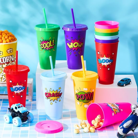 24 Pcs Hero Cups - Reusable Plastic Tumblers with Lids and Straws for Birthday Decorations and Party Favors