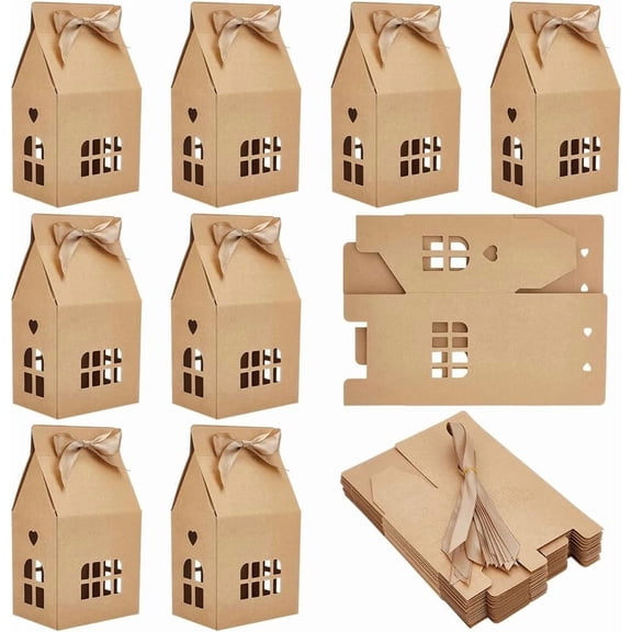 24 Pcs House Shaped Gift Boxes with Ribbon 3.9x2.8x7.2 Inch Kraft Paper Candy Box House Gift Favors Boxes