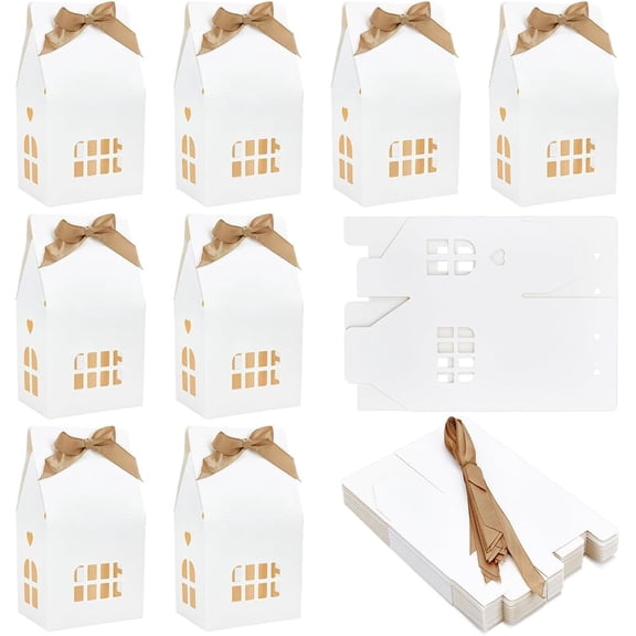 24 Pcs House Shaped Gift Boxes with Ribbon 3.9x2.8x7.2 Inch White Paper Candy Box House Gift Favors Boxes for Birthday Party Wedding Paper