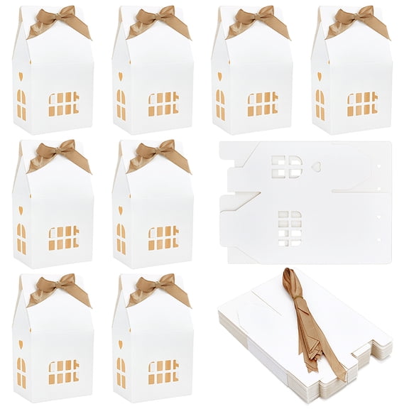 24 Pcs House Shaped Gift Boxes with Ribbon 3.9x2.8x7.2 Inch White Paper Candy Box House Gift Favors Boxes for Birthday