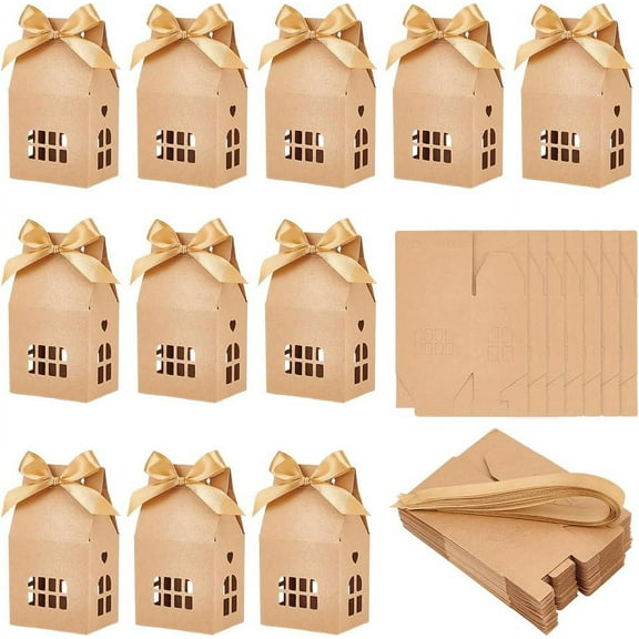 24 Pcs House Shaped Party Boxes 2.83x2.04x4.92 Inch Candy Gift Case with Polyester Ribbon Hollow Cardboard Paper Treat Boxes with Small Windows for Dessert Wedding Wrapping Wheat Wheat