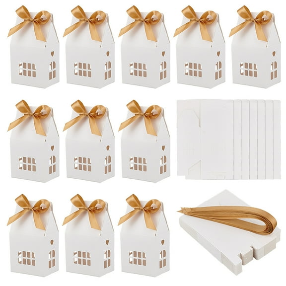 24 Pcs House Shaped Party Boxes 2.83x2.04x4.92 Inch Candy Gift Case with Polyester Ribbon Hollow Cardboard Paper Treat Boxes DIY with Small Windows