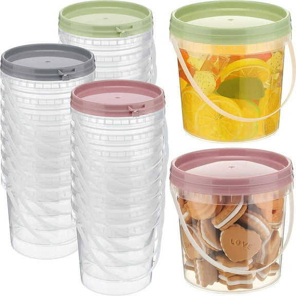 24 Pcs Ice Cream Tub with Lid and Handle, 32oz Plastic Freezer and Microwave Safe Food Storage Containers, Airtight Pails Container for Snacks Deli Food Fruit, Leakproof Bucket (Mix Colors)