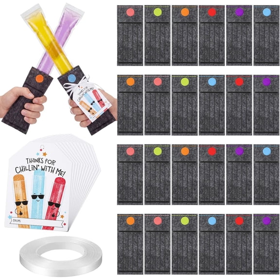 24 Pcs Ice Pop Sleeves Set, Galaxy Themed Reusable Felt Freezer Pop Holders Bulk with Thank You Cards & Ribbon, Summer Pool Party Birthday Favor Grad End of Year Party Supplies