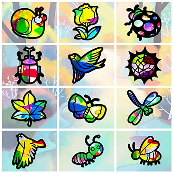 24 Pcs Insect Stained Glass Effect Paper Suncatchers Nature Forest Window Clings Kits for Indoor Door Decals