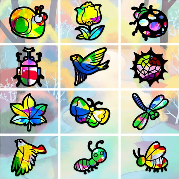 24 Pcs Insect Stained Glass Effect Paper Suncatchers Nature Forest Window Clings Maple Leaf Snail Bird DIY Suncatchers Kits for Windows Arts Crafts Decor Glass Indoor Window Door Decals