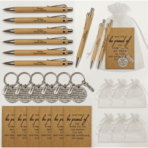 24 Pcs Inspirational Gift Set, Bamboo Retractable Pens with Keychains & Thank You Notebooks,Adult, Appreciation Gift Bundle for Thanksgiving Christmas, Includes 6 Pens + 6 Keychains + 6 Notebooks