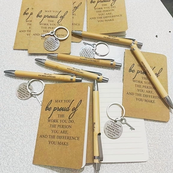 24 Pcs Inspirational Gift Set, Bamboo Retractable Pens with Keychains & Thank You Notebooks, Appreciation Gift Bundle for Thanksgiving Christmas, Includes 6 Pens + 6 Keychains + 6 Notebooks + 6 Stora