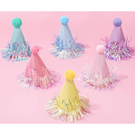 24 Pcs Iridescent Foil Mini Birthday Party Hats with Pom Poms Rainbow Paper Cone Hat Colorful Photo Prop for Kids Baby Shower Party Decorations