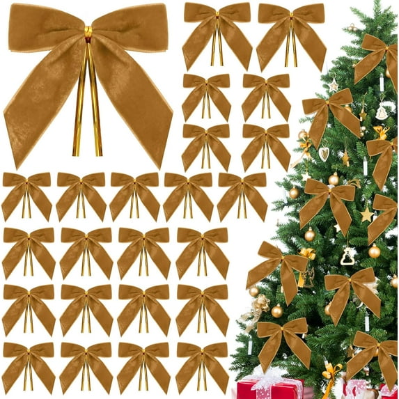 24 Pcs Khaki Velvet Bows for Christmas Tree,Light Brown Bows Velvet Ornaments Christmas Tree Bow for Gift Wrapping Door Vintage Garland Wreath,Rustic Holiday Decor-1" Wide,3.5 x 3.5 Inch