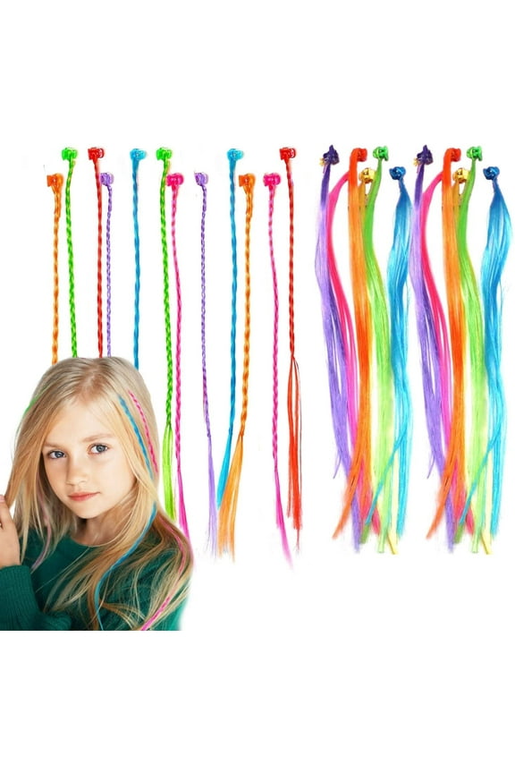 24 Pcs Kids Colored Hair Extensions, Clip-in Rainbow Hair Accessories, Braided and Straight Styles Multicolor Hairs Clips with Clip Snaps for Children Performance Kids Girls Cosplay Party Dress up