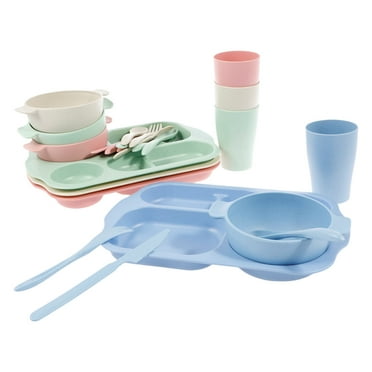 24 Pcs Kids Plates and Bowls Sets Stackable Dinnerware Cutlery Set Lightweight Unbreakable Tableware Set Multipurpose Toddler Dinnerware Set for Home School Office Picnic