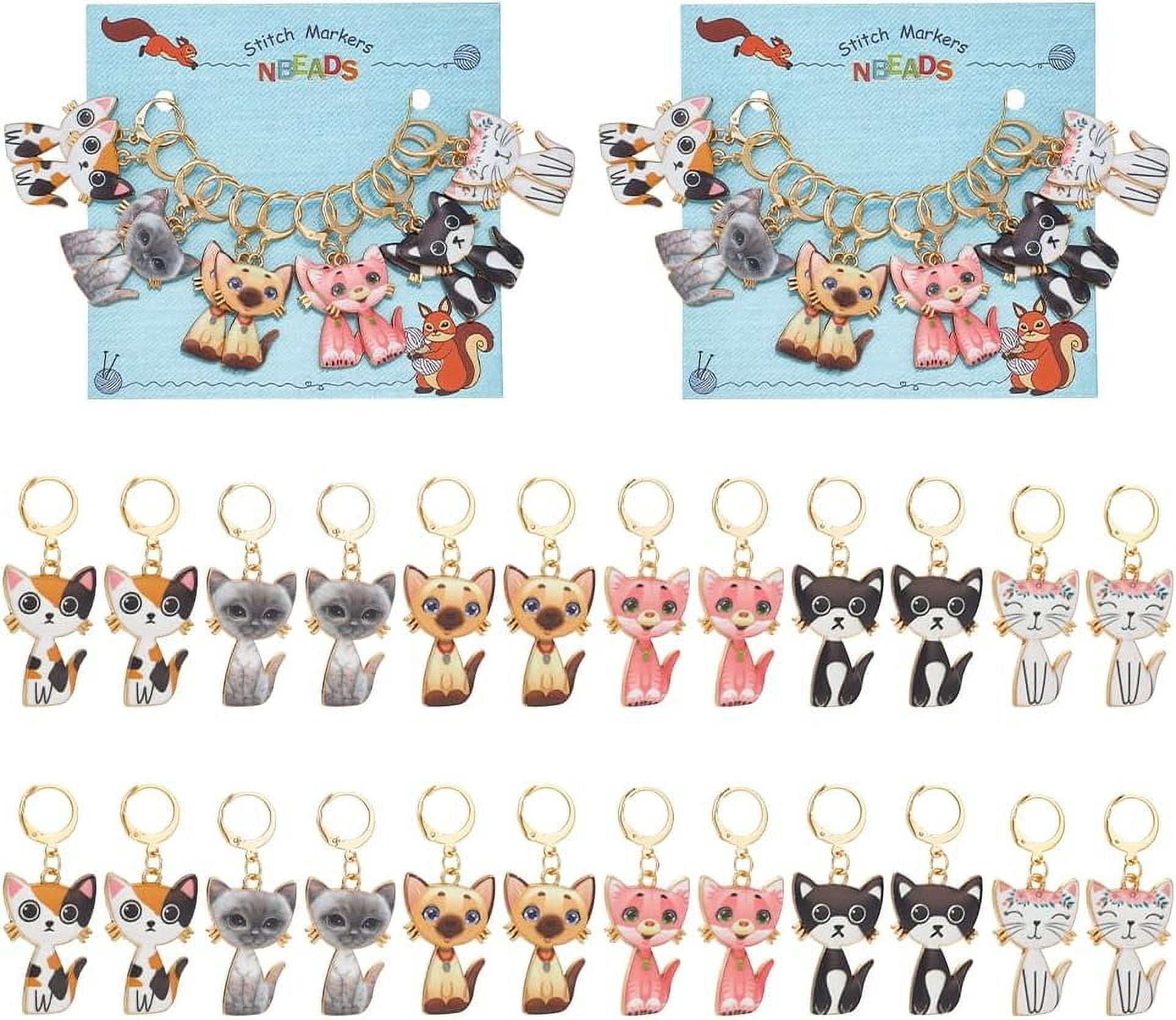 24 Pcs Cute Cat Stitch Markers For Knitting & Crochet – Alloy Enamel, Locking Clasp, 2 Sizes & 4 Colors