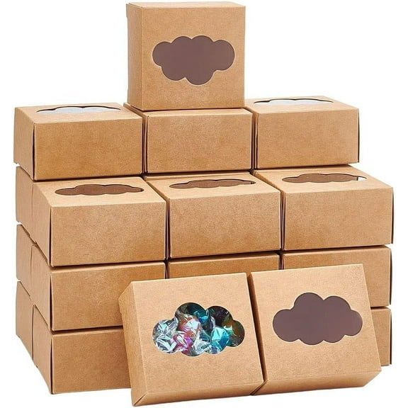 24 Pcs Kraft Paper Boxes with Window Brown Bakery Box Cloud Pattern Window Pastry Box Mini Cake Box Treat Box 32.81.6"(7.67.24cm) for Pastries Cookies Pie Donuts Macaroon Tan