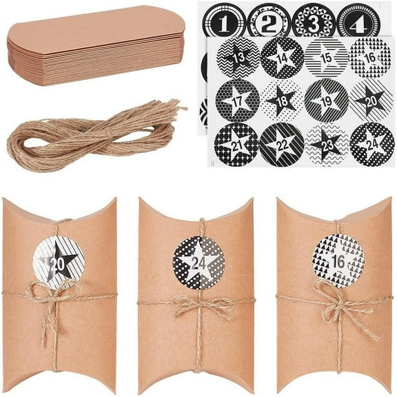 24 Pcs Kraft Pillow Boxes Advent Calendar Bags Kraft Paper Gift Box Candy Box with Jute Cord and Sealing Stickers for Christmas Jewelry Candy Gift Party Favor