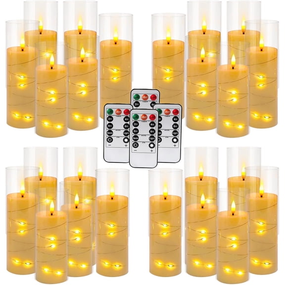 24 Pcs LED Flameless Candles with Remote, 3D Flickering Flame & LED String Lights, Acrylic Clear Cylinder, Timer Function, Ambience for Home Decor, Party, Wedding.