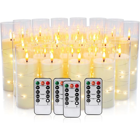 24 Pcs LED Flameless Candles with Remote, 3D Flickering Flame & LED String Lights, Acrylic Clear Cylinder, Timer Function, Romantic Ambience for Home Decor, Party, Wedding.