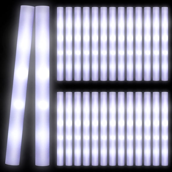 24 Pcs LED Foam Stick Battery Powered Light up Glow in the Dark Foam Light Sticks 18 inch Glow Wands for Wedding, Birthday, Rave, Concert, Camping, Festival (White)