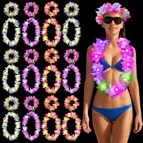 24 Pcs LED Hawaiian Leis Set, Luau Party Decor, Necklaces/Headbands, Summer Birthday Supplies | Home Decor
