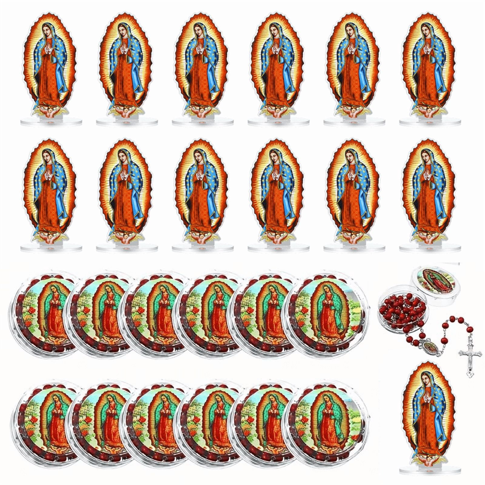 24 Pcs Our Lady of Guadalupe Rosary Necklace Set, Virgin Mary Acrylic Standing Decor with Cross Pendant Beads, Catholic Religious Gifts for Baptism Prayer Church Favors Bulk