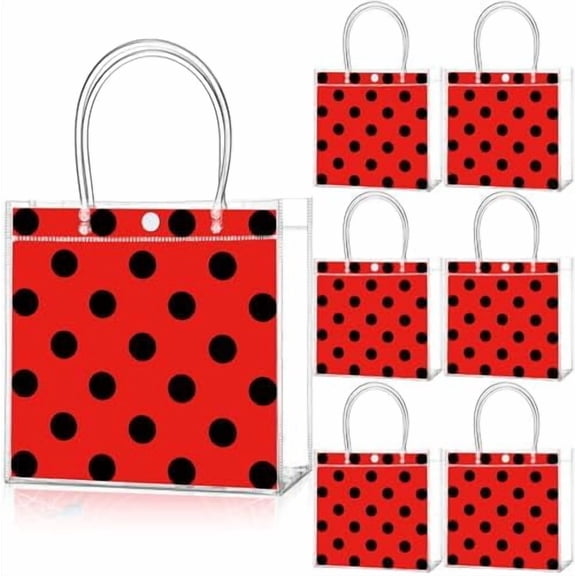24 Pcs Ladybug Party Favor Bags Clear PVC Goodie Treat Tote Gift Bags with Handles Ladybug Theme Birthday Party Supplies