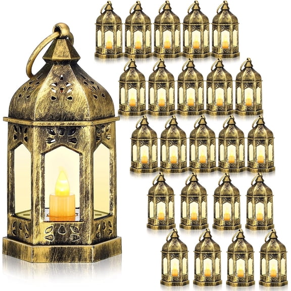 24 Pcs Christmas mini Vintage LED Lantern for Centerpiece Wedding Decorative Lantern with Flickery Candle Battery Powered Festival Hanging Tealight Ramadan Halloween Party Decor(Gold)