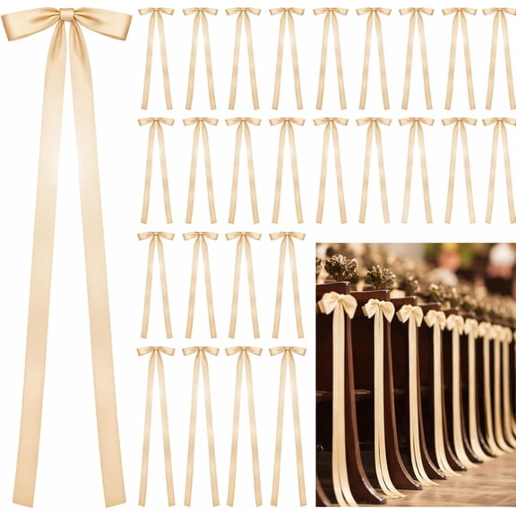 24 Pcs Large Wedding Ribbon Bows with Long Tails 10 x 36 Inch Wedding Aisle Decor Ribbon Bows On Chairs Background Decor for Bridal Shower Reception Ceremony (Champagne)