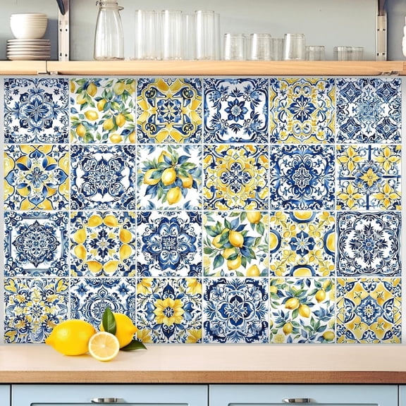 24 Pcs Lemon Tile Stickers 4x4 Inch Watercolor Mediterranean Lemon Peel and Stick Removable Self Adhesive PVC Waterproof Tile Stickers Amalfi Coast Decor for Kitchen Bathroom Backsplash