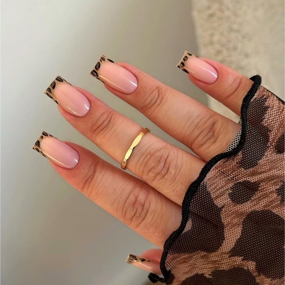 24 Pcs Leopards Print French Tip Short Square Acrylic False Nails For Women And Girls Nails Decoration