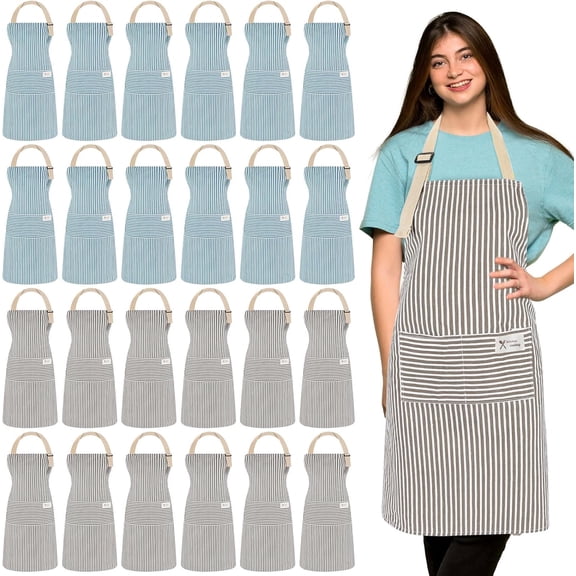24 Pcs Linen Cooking Apron with 2 Pockets Adjustable Bib Chef Apron Bulk Unisex Blue Gray Thin Stripes