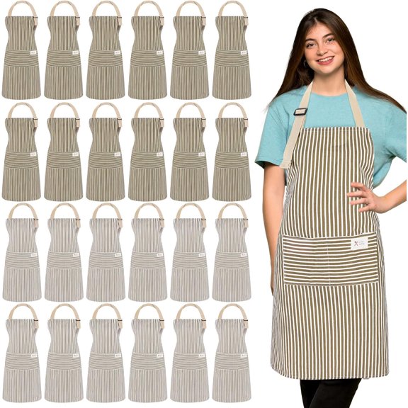 24 Pcs Linen Cooking Apron with 2 Pockets Adjustable Bib Chef Apron Bulk Unisex Brown Gray Thin Stripes